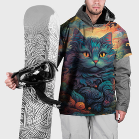 Накидка на куртку 3D с принтом Черный кот   в цветных облаках в Петрозаводске, 100% полиэстер |  | Тематика изображения на принте: 