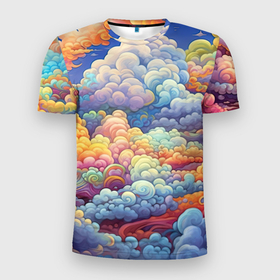 Мужская футболка 3D Slim с принтом Цветные фэнтази облака в Екатеринбурге, 100% полиэстер с улучшенными характеристиками | приталенный силуэт, круглая горловина, широкие плечи, сужается к линии бедра | Тематика изображения на принте: 