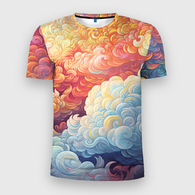Мужская футболка 3D Slim с принтом Цветные яркие  облака в Белгороде, 100% полиэстер с улучшенными характеристиками | приталенный силуэт, круглая горловина, широкие плечи, сужается к линии бедра | Тематика изображения на принте: 