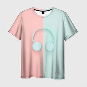 Мужская футболка 3D с принтом Наушники в пастельных тонах , 100% полиэфир | прямой крой, круглый вырез горловины, длина до линии бедер | 