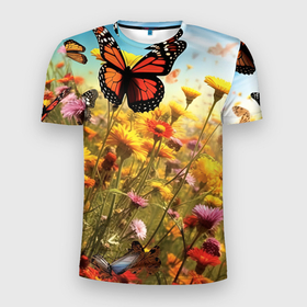 Мужская футболка 3D Slim с принтом Бабочки  и цветы в Екатеринбурге, 100% полиэстер с улучшенными характеристиками | приталенный силуэт, круглая горловина, широкие плечи, сужается к линии бедра | 