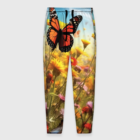 Мужские брюки 3D с принтом Бабочки  и цветы , 100% полиэстер | манжеты по низу, эластичный пояс регулируется шнурком, по бокам два кармана без застежек, внутренняя часть кармана из мелкой сетки | 
