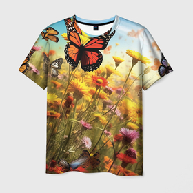 Мужская футболка 3D с принтом Бабочки  и цветы в Петрозаводске, 100% полиэфир | прямой крой, круглый вырез горловины, длина до линии бедер | 