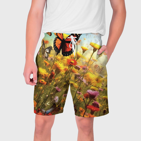 Мужские шорты 3D с принтом Бабочки  и цветы ,  полиэстер 100% | прямой крой, два кармана без застежек по бокам. Мягкая трикотажная резинка на поясе, внутри которой широкие завязки. Длина чуть выше колен | 