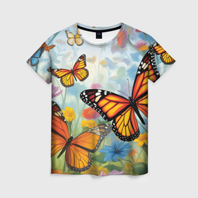 Женская футболка 3D с принтом Яркие бабочки в Кировске, 100% полиэфир ( синтетическое хлопкоподобное полотно) | прямой крой, круглый вырез горловины, длина до линии бедер | 