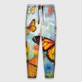Мужские брюки 3D с принтом Яркие бабочки в Новосибирске, 100% полиэстер | манжеты по низу, эластичный пояс регулируется шнурком, по бокам два кармана без застежек, внутренняя часть кармана из мелкой сетки | 