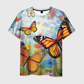 Мужская футболка 3D с принтом Яркие бабочки в Новосибирске, 100% полиэфир | прямой крой, круглый вырез горловины, длина до линии бедер | 