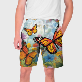 Мужские шорты 3D с принтом Яркие бабочки в Новосибирске,  полиэстер 100% | прямой крой, два кармана без застежек по бокам. Мягкая трикотажная резинка на поясе, внутри которой широкие завязки. Длина чуть выше колен | 