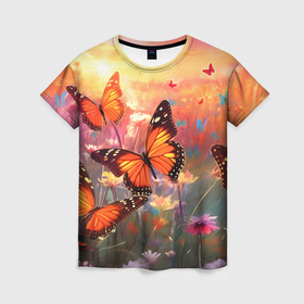 Женская футболка 3D с принтом Летний фон бабочки в Белгороде, 100% полиэфир ( синтетическое хлопкоподобное полотно) | прямой крой, круглый вырез горловины, длина до линии бедер | 
