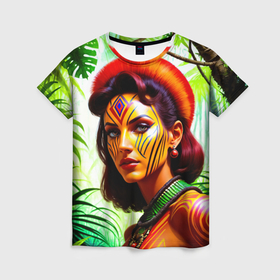 Женская футболка 3D с принтом Девушка воин в боевой раскраске в Курске, 100% полиэфир ( синтетическое хлопкоподобное полотно) | прямой крой, круглый вырез горловины, длина до линии бедер | 