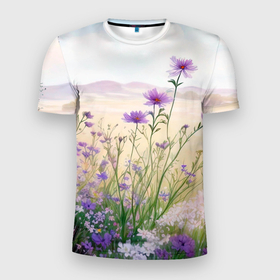 Мужская футболка 3D Slim с принтом Цветущие полевые цветы в Тюмени, 100% полиэстер с улучшенными характеристиками | приталенный силуэт, круглая горловина, широкие плечи, сужается к линии бедра | 