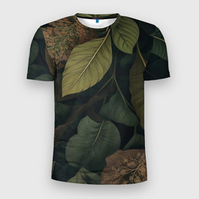 Мужская футболка 3D Slim с принтом Ассорти из листьев в Екатеринбурге, 100% полиэстер с улучшенными характеристиками | приталенный силуэт, круглая горловина, широкие плечи, сужается к линии бедра | Тематика изображения на принте: 