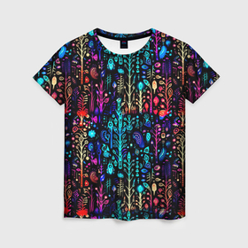 Женская футболка 3D с принтом Флуоресцентные Цветы в Екатеринбурге, 100% полиэфир ( синтетическое хлопкоподобное полотно) | прямой крой, круглый вырез горловины, длина до линии бедер | 