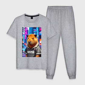 Мужская пижама хлопок с принтом Cool capybara   urban style   neural network в Кировске, 100% хлопок | брюки и футболка прямого кроя, без карманов, на брюках мягкая резинка на поясе и по низу штанин
 | 