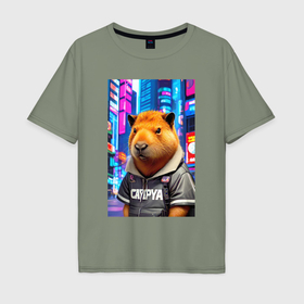 Мужская футболка хлопок Oversize с принтом Cool capybara   urban style   neural network , 100% хлопок | свободный крой, круглый ворот, “спинка” длиннее передней части | 