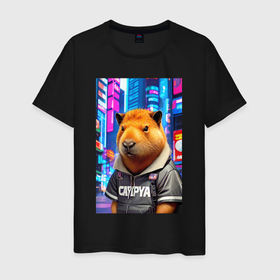 Мужская футболка хлопок с принтом Cool capybara   urban style   neural network в Белгороде, 100% хлопок | прямой крой, круглый вырез горловины, длина до линии бедер, слегка спущенное плечо. | 