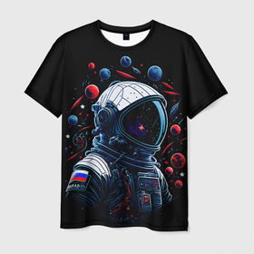 Мужская футболка 3D с принтом Российский астронавт   планеты , 100% полиэфир | прямой крой, круглый вырез горловины, длина до линии бедер | 