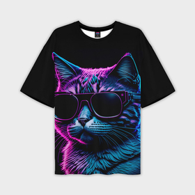 Мужская футболка oversize 3D с принтом Неоновый котик в очках в Екатеринбурге,  |  | Тематика изображения на принте: 