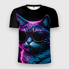 Мужская футболка 3D Slim с принтом Неоновый котик в очках в Новосибирске, 100% полиэстер с улучшенными характеристиками | приталенный силуэт, круглая горловина, широкие плечи, сужается к линии бедра | Тематика изображения на принте: 