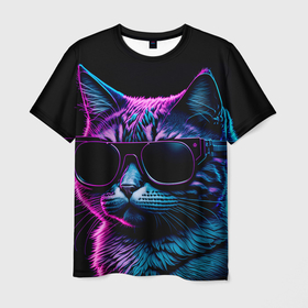 Мужская футболка 3D с принтом Неоновый котик в очках в Новосибирске, 100% полиэфир | прямой крой, круглый вырез горловины, длина до линии бедер | Тематика изображения на принте: 