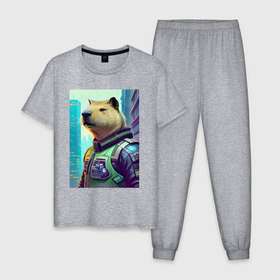 Мужская пижама хлопок с принтом Capybara   neural network   cyberpunk в Кировске, 100% хлопок | брюки и футболка прямого кроя, без карманов, на брюках мягкая резинка на поясе и по низу штанин
 | 