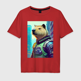 Мужская футболка хлопок Oversize с принтом Capybara   neural network   cyberpunk , 100% хлопок | свободный крой, круглый ворот, “спинка” длиннее передней части | 