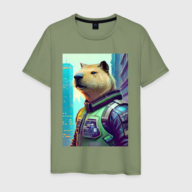 Мужская футболка хлопок с принтом Capybara   neural network   cyberpunk в Тюмени, 100% хлопок | прямой крой, круглый вырез горловины, длина до линии бедер, слегка спущенное плечо. | 