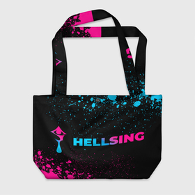 Пляжная сумка 3D с принтом Hellsing   neon gradient: надпись и символ в Белгороде, 100% полиэстер | застегивается на металлическую кнопку; внутренний карман застегивается на молнию. Стенки укреплены специальным мягким материалом, чтобы защитить содержимое от несильных ударов
 | 