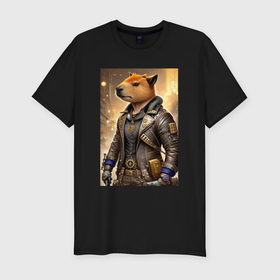 Мужская футболка хлопок Slim с принтом Cool capybara   steampunk   neural network , 92% хлопок, 8% лайкра | приталенный силуэт, круглый вырез ворота, длина до линии бедра, короткий рукав | 