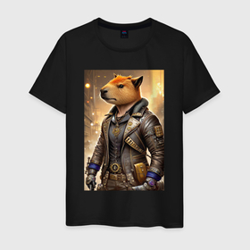 Мужская футболка хлопок с принтом Cool capybara   steampunk   neural network в Белгороде, 100% хлопок | прямой крой, круглый вырез горловины, длина до линии бедер, слегка спущенное плечо. | 