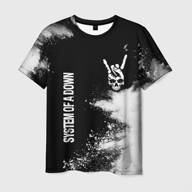 Мужская футболка 3D с принтом System of a Down и рок символ на темном фоне в Рязани, 100% полиэфир | прямой крой, круглый вырез горловины, длина до линии бедер | 