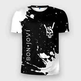 Мужская футболка 3D Slim с принтом Bon Jovi и рок символ на темном фоне в Екатеринбурге, 100% полиэстер с улучшенными характеристиками | приталенный силуэт, круглая горловина, широкие плечи, сужается к линии бедра | 