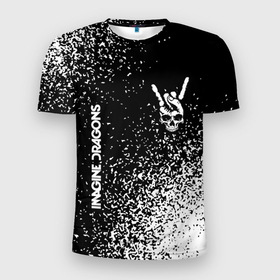 Мужская футболка 3D Slim с принтом Imagine Dragons и рок символ на темном фоне в Кировске, 100% полиэстер с улучшенными характеристиками | приталенный силуэт, круглая горловина, широкие плечи, сужается к линии бедра | 