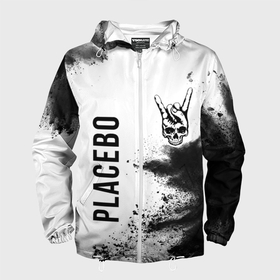 Мужская ветровка 3D с принтом Placebo и рок символ на светлом фоне в Екатеринбурге, 100% полиэстер | подол и капюшон оформлены резинкой с фиксаторами, два кармана без застежек по бокам, один потайной карман на груди | 