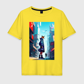 Мужская футболка хлопок Oversize с принтом Лиса жительница мегаполиса   нейросеть в Санкт-Петербурге, 100% хлопок | свободный крой, круглый ворот, “спинка” длиннее передней части | Тематика изображения на принте: 