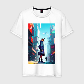 Мужская футболка хлопок с принтом Лиса жительница мегаполиса   нейросеть в Санкт-Петербурге, 100% хлопок | прямой крой, круглый вырез горловины, длина до линии бедер, слегка спущенное плечо. | 