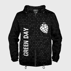 Мужская ветровка 3D с принтом Green Day glitch на темном фоне: надпись, символ в Белгороде, 100% полиэстер | подол и капюшон оформлены резинкой с фиксаторами, два кармана без застежек по бокам, один потайной карман на груди | 