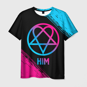 Мужская футболка 3D с принтом HIM   neon gradient в Курске, 100% полиэфир | прямой крой, круглый вырез горловины, длина до линии бедер | 