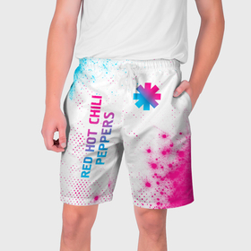 Мужские шорты 3D с принтом Red Hot Chili Peppers neon gradient style: надпись, символ ,  полиэстер 100% | прямой крой, два кармана без застежек по бокам. Мягкая трикотажная резинка на поясе, внутри которой широкие завязки. Длина чуть выше колен | Тематика изображения на принте: 