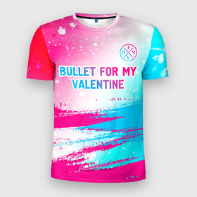 Мужская футболка 3D Slim с принтом Bullet For My Valentine neon gradient style: символ сверху в Тюмени, 100% полиэстер с улучшенными характеристиками | приталенный силуэт, круглая горловина, широкие плечи, сужается к линии бедра | 