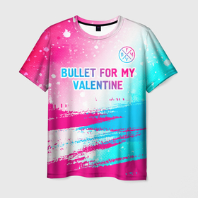 Мужская футболка 3D с принтом Bullet For My Valentine neon gradient style: символ сверху в Курске, 100% полиэфир | прямой крой, круглый вырез горловины, длина до линии бедер | 