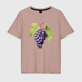 Мужская футболка хлопок Oversize с принтом Гроздь винограда акварель ботаническая иллюстрация в Белгороде, 100% хлопок | свободный крой, круглый ворот, “спинка” длиннее передней части | Тематика изображения на принте: 