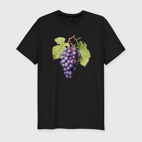 Мужская футболка хлопок Slim с принтом Гроздь винограда акварель ботаническая иллюстрация , 92% хлопок, 8% лайкра | приталенный силуэт, круглый вырез ворота, длина до линии бедра, короткий рукав | Тематика изображения на принте: 