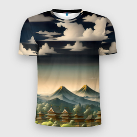Мужская футболка 3D Slim с принтом Японская деревня на фоне гор в Петрозаводске, 100% полиэстер с улучшенными характеристиками | приталенный силуэт, круглая горловина, широкие плечи, сужается к линии бедра | 