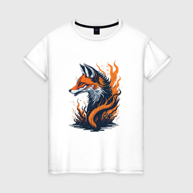Женская футболка хлопок с принтом Burning fox в Курске, 100% хлопок | прямой крой, круглый вырез горловины, длина до линии бедер, слегка спущенное плечо | 