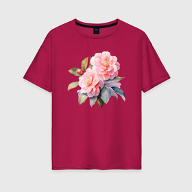 Женская футболка хлопок Oversize с принтом Цветок камелия акварель в Новосибирске, 100% хлопок | свободный крой, круглый ворот, спущенный рукав, длина до линии бедер
 | 