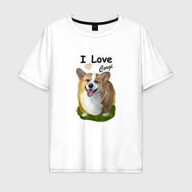 Мужская футболка хлопок Oversize с принтом Любителю собак корги в Санкт-Петербурге, 100% хлопок | свободный крой, круглый ворот, “спинка” длиннее передней части | 