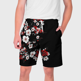 Мужские шорты 3D с принтом Белая и красная сакура   цветение в Тюмени,  полиэстер 100% | прямой крой, два кармана без застежек по бокам. Мягкая трикотажная резинка на поясе, внутри которой широкие завязки. Длина чуть выше колен | 