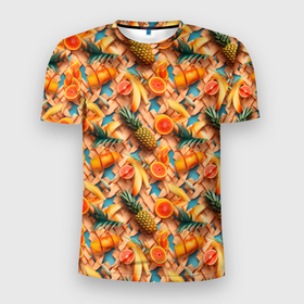 Мужская футболка 3D Slim с принтом Цитрусы и ананасы в Екатеринбурге, 100% полиэстер с улучшенными характеристиками | приталенный силуэт, круглая горловина, широкие плечи, сужается к линии бедра | 