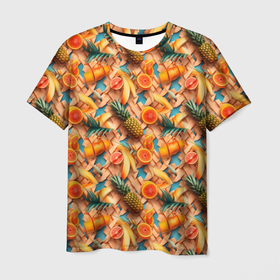 Мужская футболка 3D с принтом Цитрусы и ананасы в Екатеринбурге, 100% полиэфир | прямой крой, круглый вырез горловины, длина до линии бедер | 
